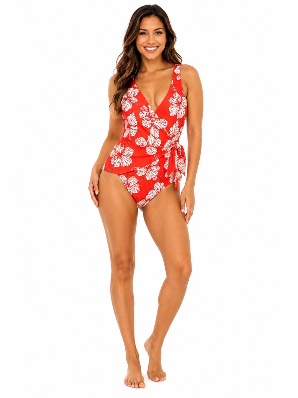 Primark Coral Floral Wrap One Piece Swimsuit Tummy Control Size 12